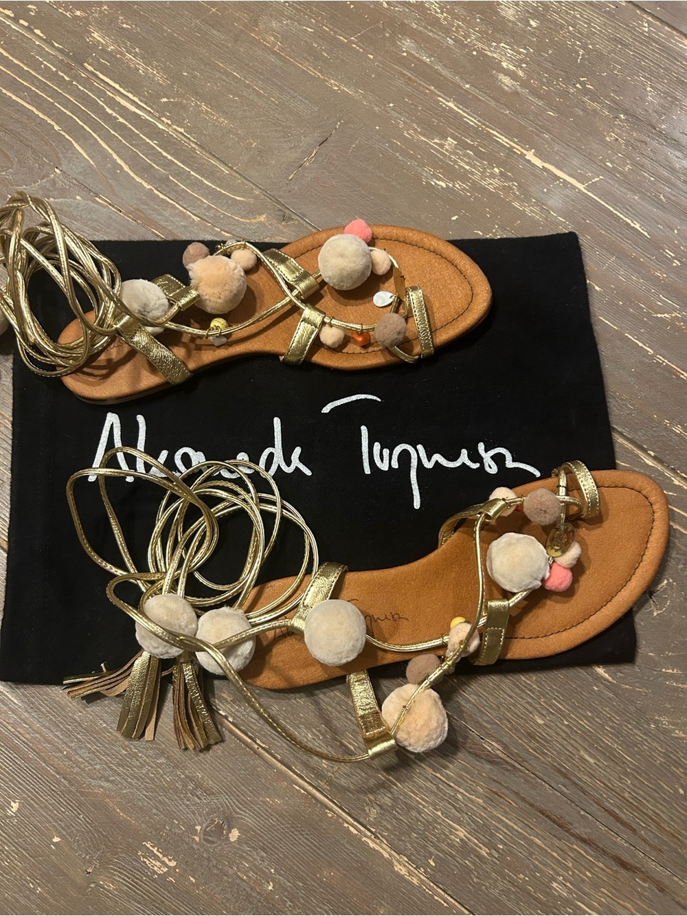 Alameda Turquesa Gold Metallic Pom-Pom Lace-Up Sandals
